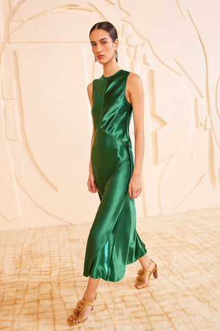 Ulla Johnson Lisbet Women's Green Satin Jewel-Tone Round Neck Sleeveless Ladder Stitching Midi Dress