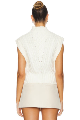 Veronica Beard Holton Women's White Cable-Knit Wool Mock Neck Ribbed Hemline Button-Detail Pullover Vest Sweater