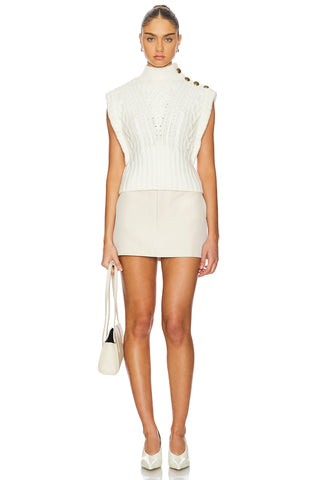 Veronica Beard Holton Women's White Cable-Knit Wool Mock Neck Ribbed Hemline Button-Detail Pullover Vest Sweater