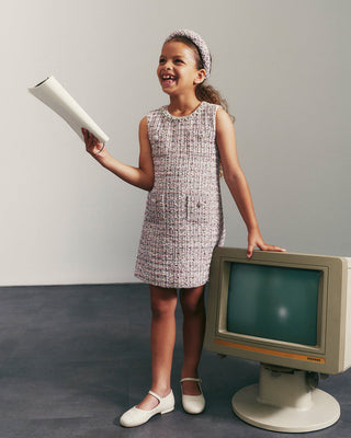 Self-Portrait Kids Girls Pink Bouclé Classic Diamanté Chain Trim Detail Functional Pockets Fitted Dress