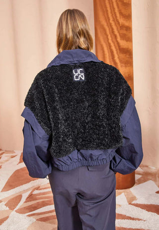 Ulla Johnson Aidan Women's Dark Blue Polyester Zipper Front Elasticised Waist Slouchy Shoulder Teddy Fleece Jacket