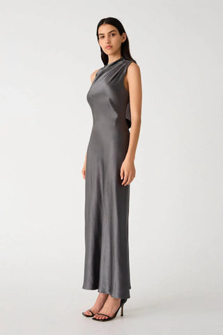 Misha Santana Gloss Women's Silver Metallic Satin Asymmetric Neckline Tie Draped Back Bodycon Maxi Gown Dress