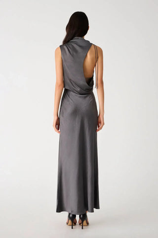Misha Santana Gloss Women's Silver Metallic Satin Asymmetric Neckline Tie Draped Back Bodycon Maxi Gown Dress