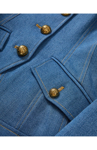 Veronica Beard Randy Women's Blue Denim Cotton Lined Notched Lapel Long Sleeve Front Button Dickey Jacket