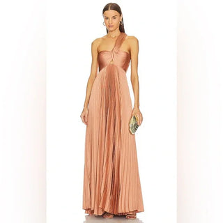nessa satin pleated dress A.L.C. Nessa One-Shoulder Cutout Knotted Pleated Satin Gown In Orange - 50% Off