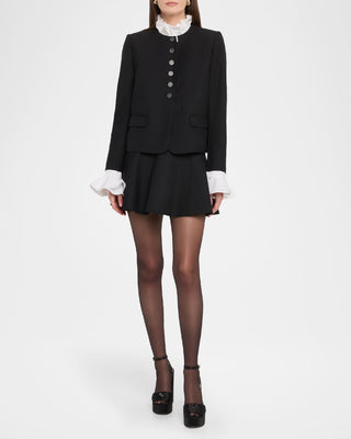 Kobi Halperin Marcello Women's Black Twill Wool Blend Boxy Flap Pockets Contrast Ruffle-Trim Collared & Cuff Jacket
