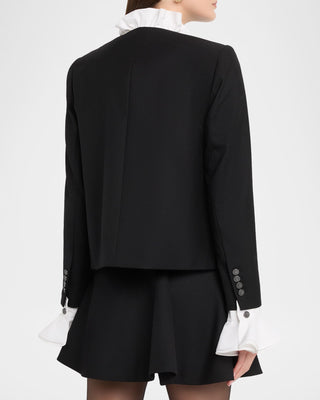 Kobi Halperin Marcello Women's Black Twill Wool Blend Boxy Flap Pockets Contrast Ruffle-Trim Collared & Cuff Jacket