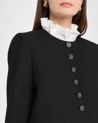 Kobi Halperin Marcello Women's Black Twill Wool Blend Boxy Flap Pockets Contrast Ruffle-Trim Collared & Cuff Jacket