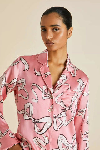 Olivia Von Halle Lila Aileas Women's Pink Satin Silk Bow-Print Long Sleeve Notched Collared Relaxed Pajama Set