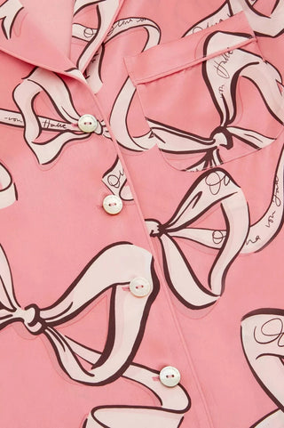 Olivia Von Halle Lila Aileas Women's Pink Satin Silk Bow-Print Long Sleeve Notched Collared Relaxed Pajama Set