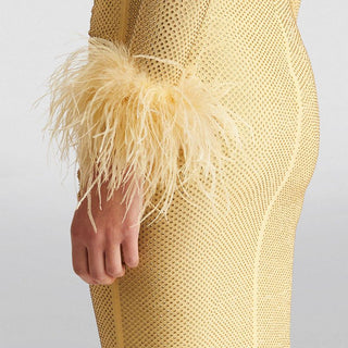 Self Portrait Women's Yellow Fully Lined Rhinestone Studded Long Sleeve Dramatic Feather Cuffs Midi Dress