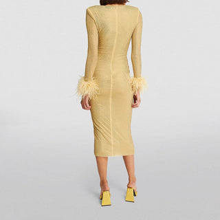 Self Portrait Women's Yellow Fully Lined Rhinestone Studded Long Sleeve Dramatic Feather Cuffs Midi Dress