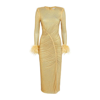 Self Portrait Women's Yellow Fully Lined Rhinestone Studded Long Sleeve Dramatic Feather Cuffs Midi Dress