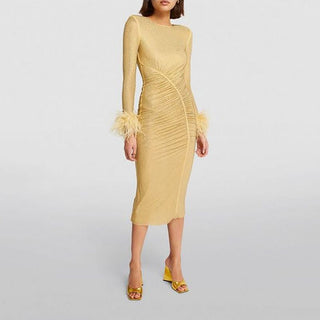 Self Portrait Women's Yellow Fully Lined Rhinestone Studded Long Sleeve Dramatic Feather Cuffs Midi Dress