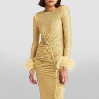 Self Portrait Women's Yellow Fully Lined Rhinestone Studded Long Sleeve Dramatic Feather Cuffs Midi Dress