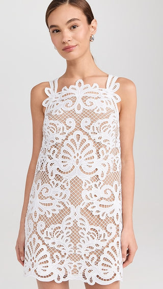 Self-Portrait Guipure Women's White Polyester Sheer Lace Square Neckline Lined Sleeveless Mini Dress