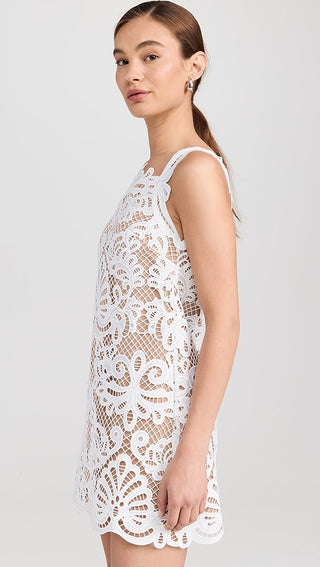Self-Portrait Guipure Women's White Polyester Sheer Lace Square Neckline Lined Sleeveless Mini Dress