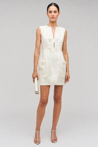 Oroton Women's Cream Linen Fully Lined Sleeveless Rosebud Lace Mini Dress Oroton Women's Cream Linen Fully Lined Sleeveless Rosebud Lace Mini Dress